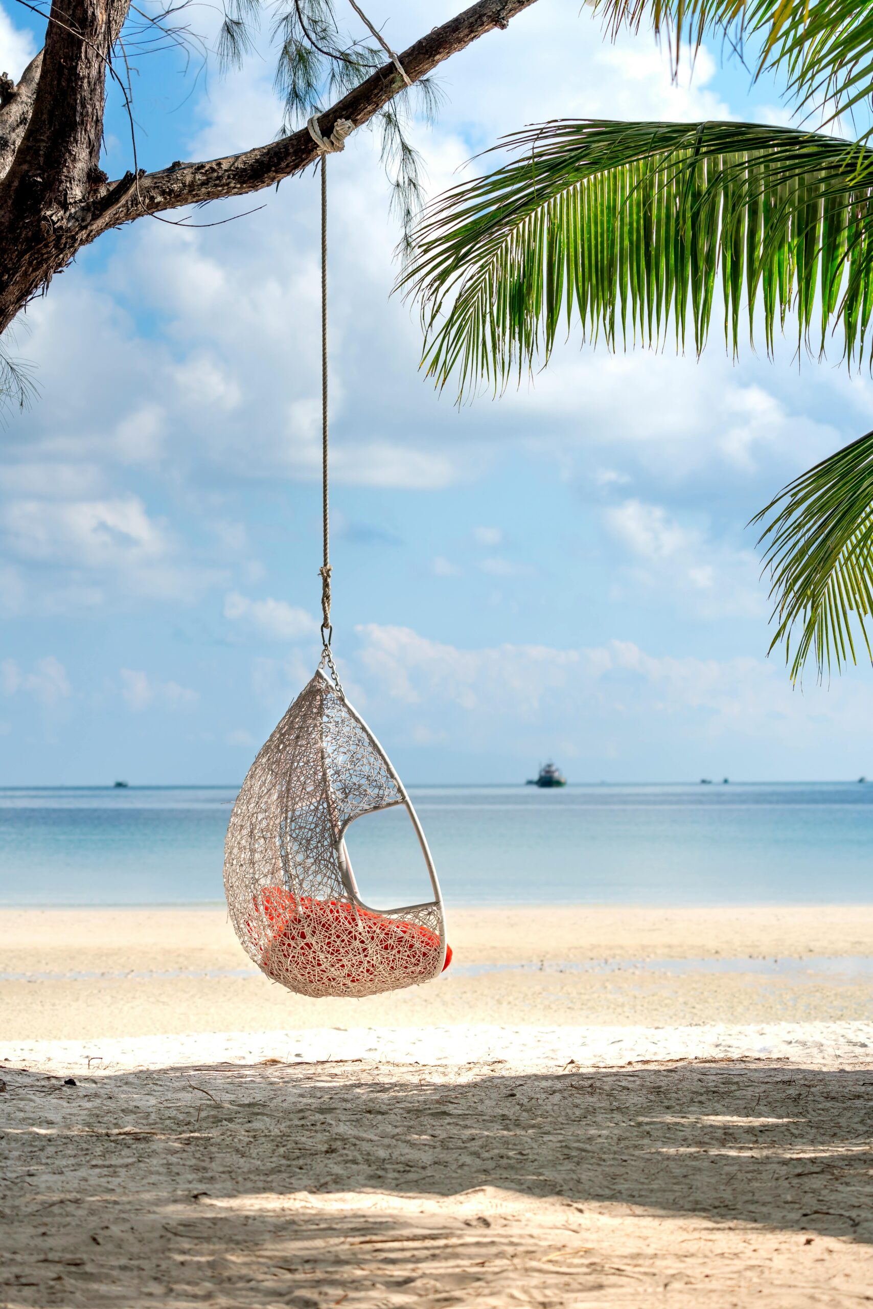 A peaceful scene with a hanging swing chair on a tropical beach, perfect for relaxation.