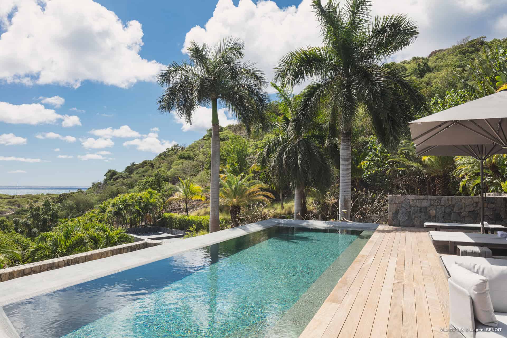 A serene poolside retreat surrounded by lush greenery, tall palm trees, and a glimpse of the ocean under a bright blue sky—pure tranquility in paradise.